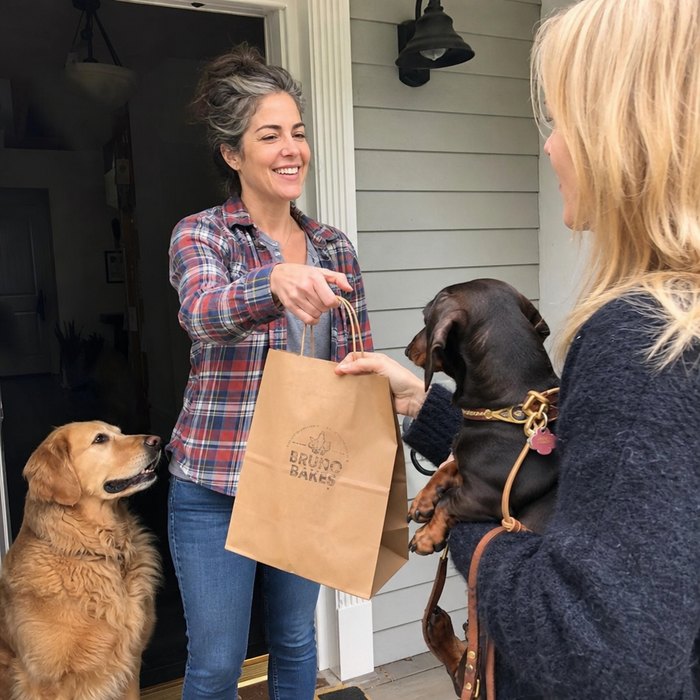 Dog treat seller handing over a bag